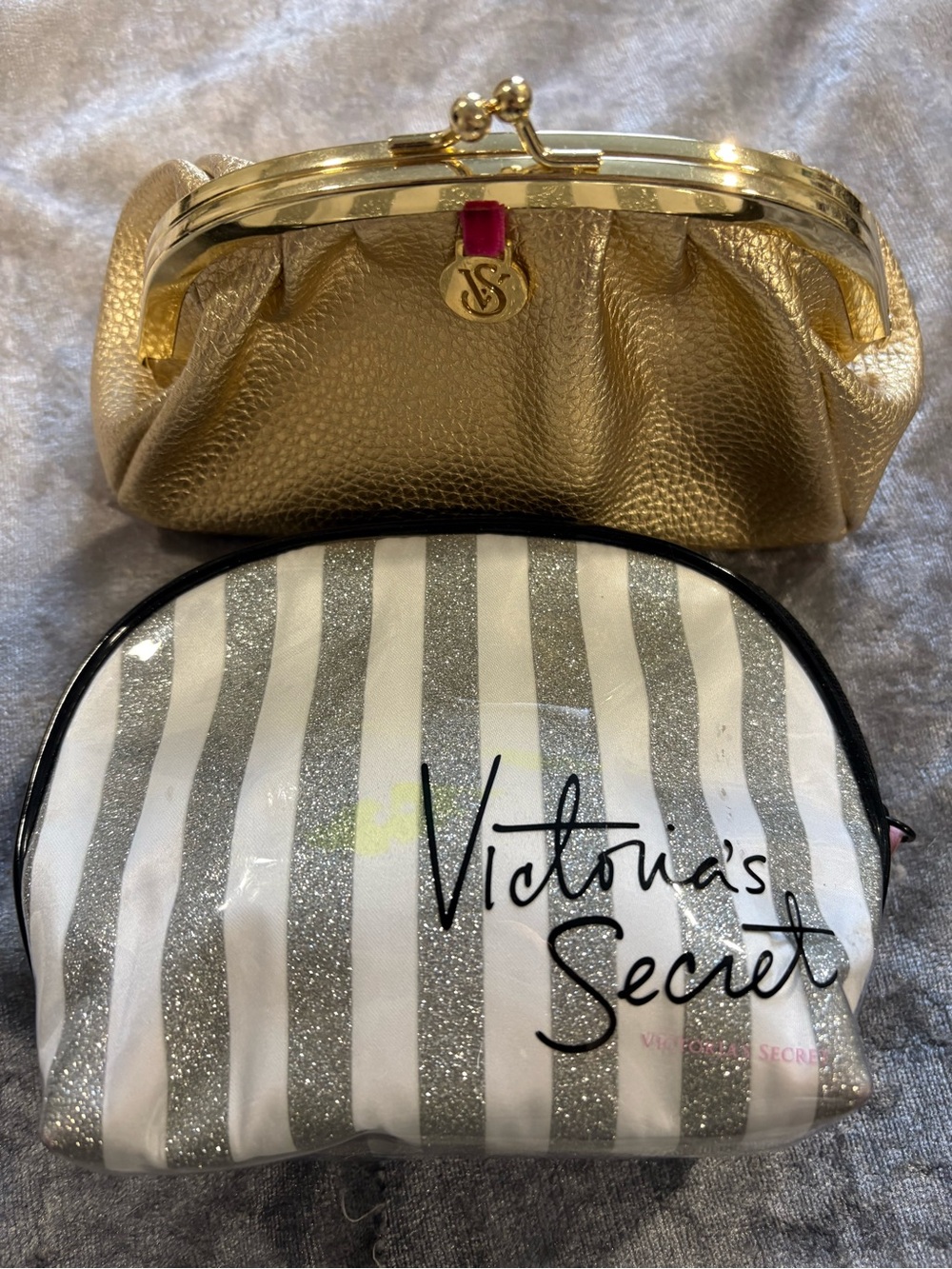 Victoria's Secret White & Silver Stripe and Gold Clutch Cosmetic Bag Bundle